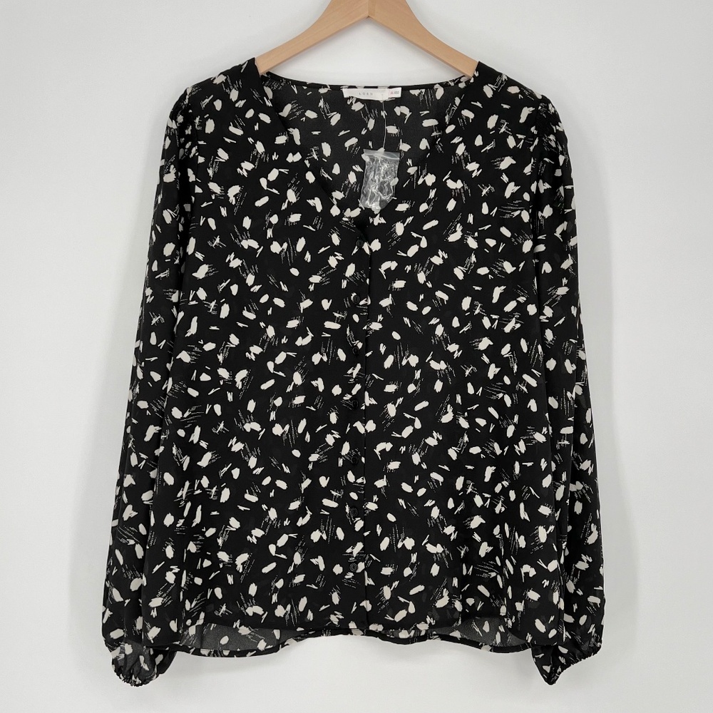Lush Womens Button Front Abstract Print Blouse Size XL Black Long Sleeve Office